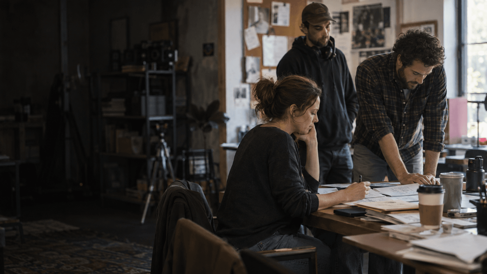 Three production colleagues reviewing papers at a sunlit office table
